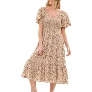 Blu Pepper tiered floral midi ladies beige floral smocked Size XS Cottagecore